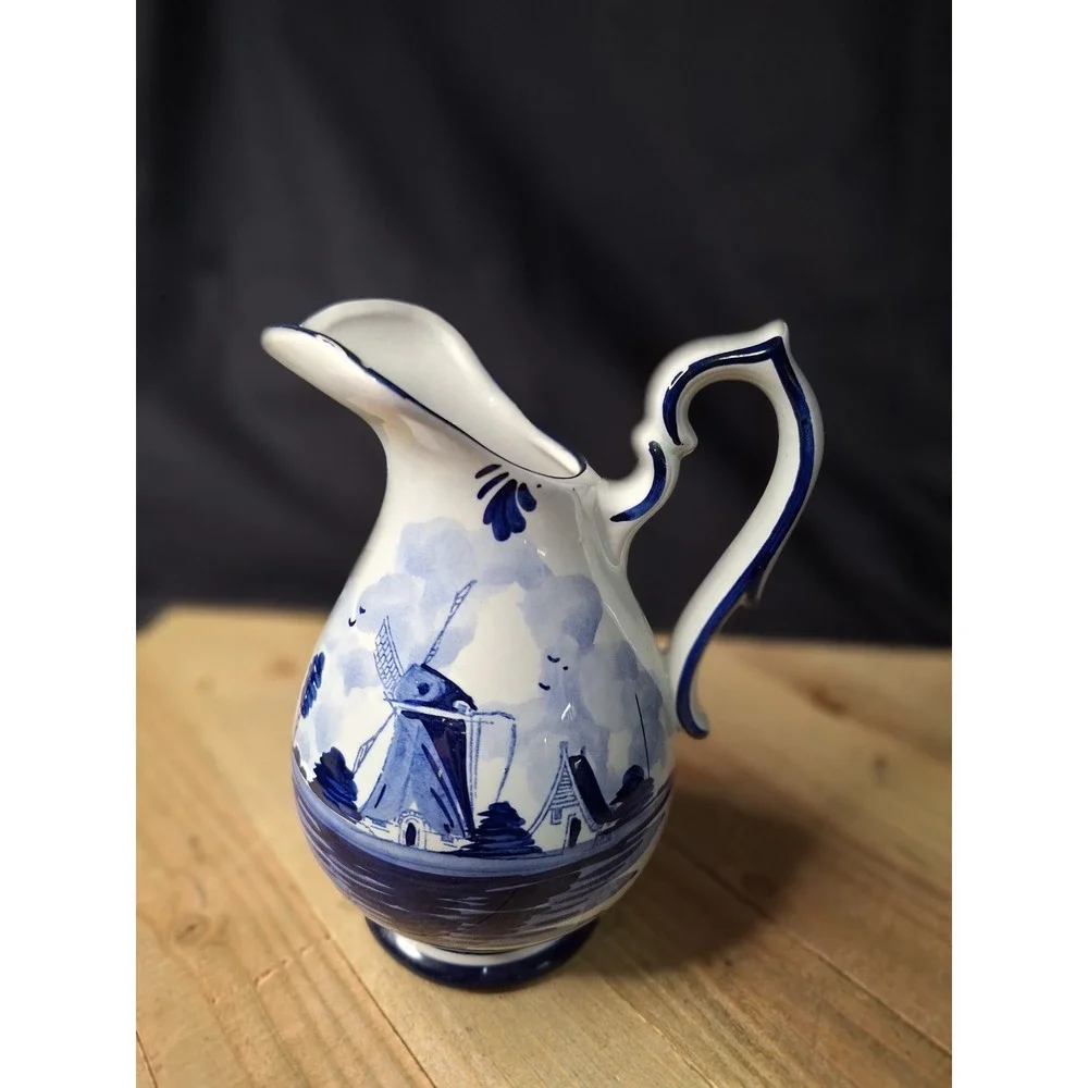 Delft Madfin Holland Blue White Windmill Pitcher Handpainted Vintage Ceramic 6+